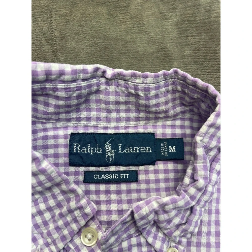 Ralph Lauren Mens Classic Fit Gingham Short Sleeve Button Down Shirt Purple M‎